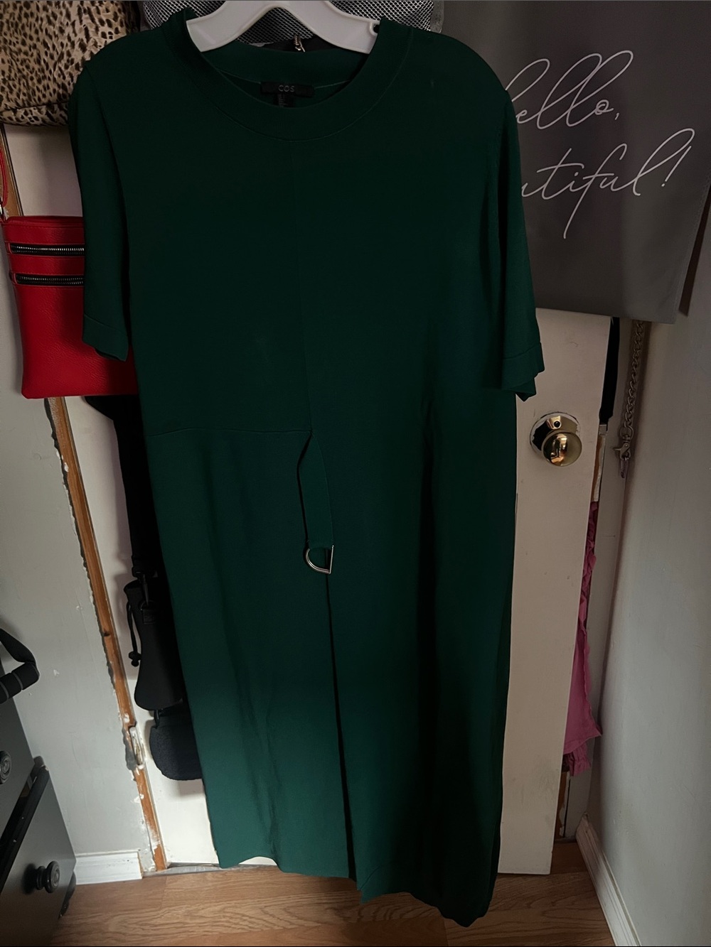 COS Forest Green Short-Sleeve Midi Knit Dress with Waist Ring Small